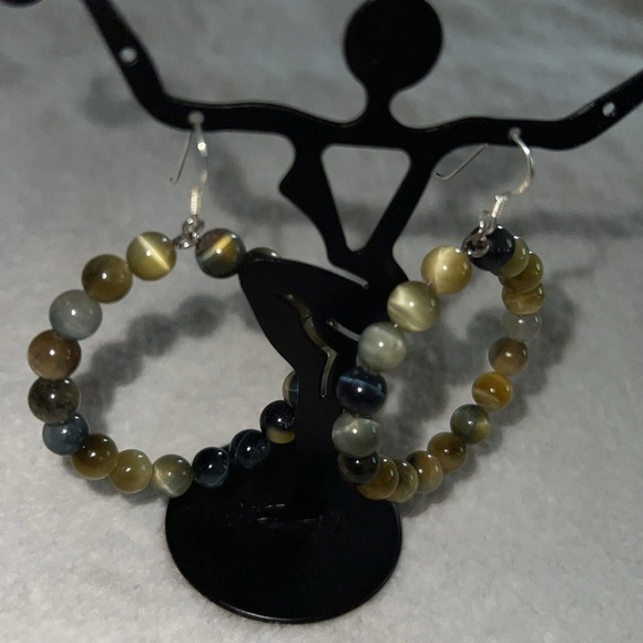 Sterling Silver Tiger’s Eye Hoop Earrings – Natural Gemstone Beads - Picture 3 of 3